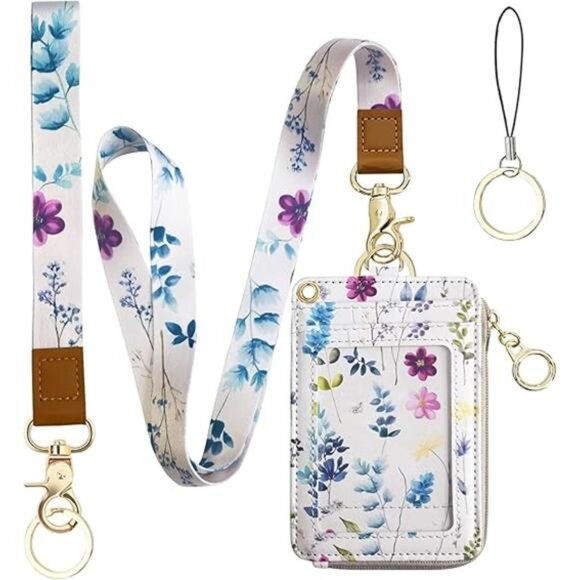 2-in-1 ID Badge Holder & Lanyard Wallet for Womens Cute Floral Zipper - Picture 7 of 7